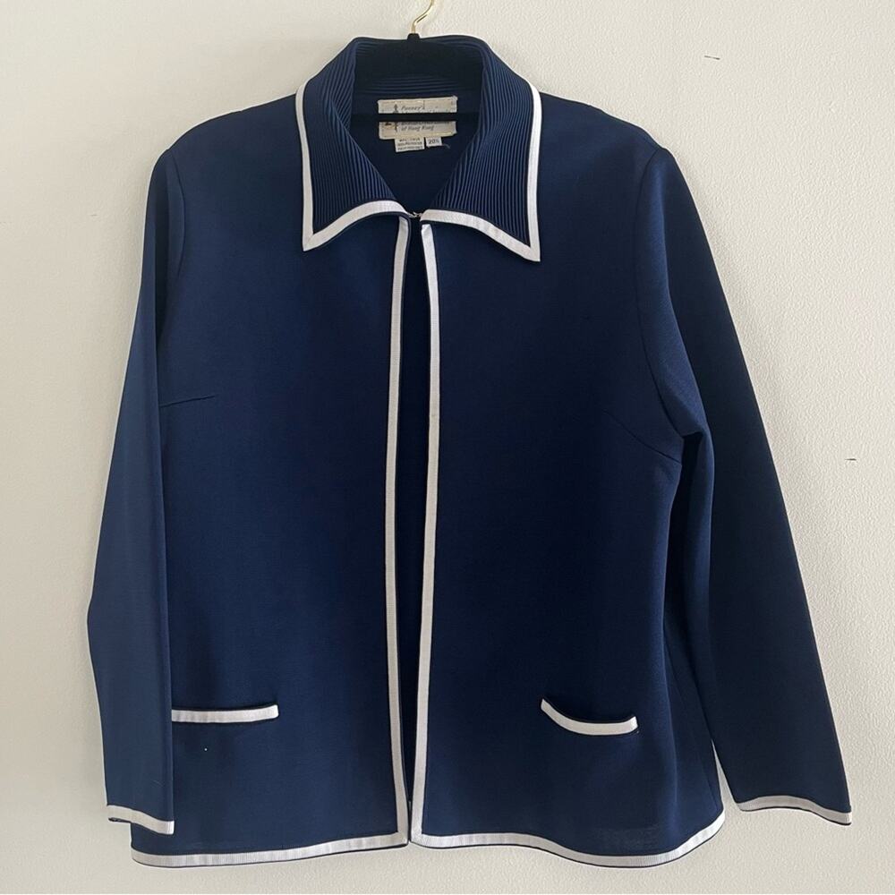 Vintage 60s 70s Open Front Jacket Polyester Navy Blue and White Dagger Collar 1X